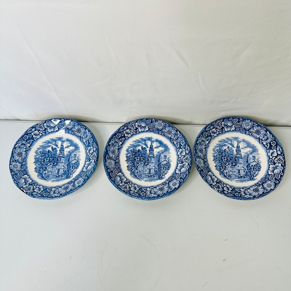 Liberty Blue Old North Church Saucers Historic Colonial Scenes England Set of 3